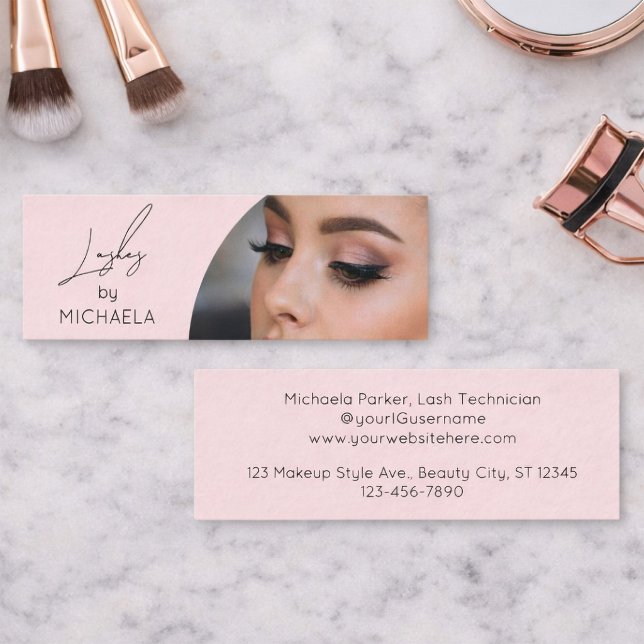 Blush Pink Black Script Photo Lashes Mini Business Card (Creator Uploaded)