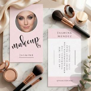 Blush Pink Black Script Photo Makeup Artist Business Card