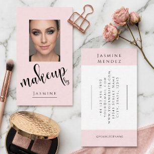 Blush Pink Black Script Photo Makeup Artist Business Card