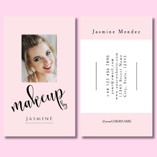 Blush Pink Black Script Photo Makeup Artist Business Card