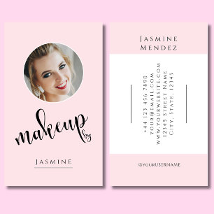 Blush Pink Black Script Photo Makeup Artist Business Card