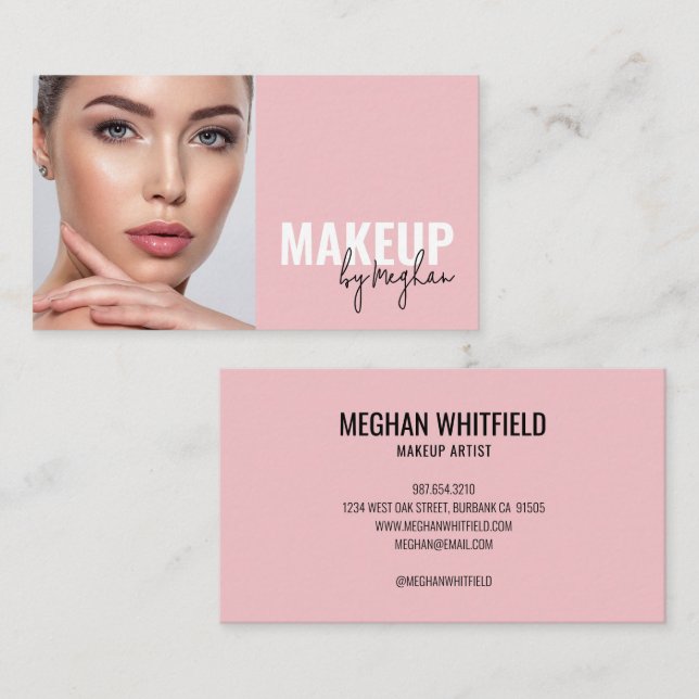 Blush Pink Black Script Photo Makeup Business Card (Front/Back)