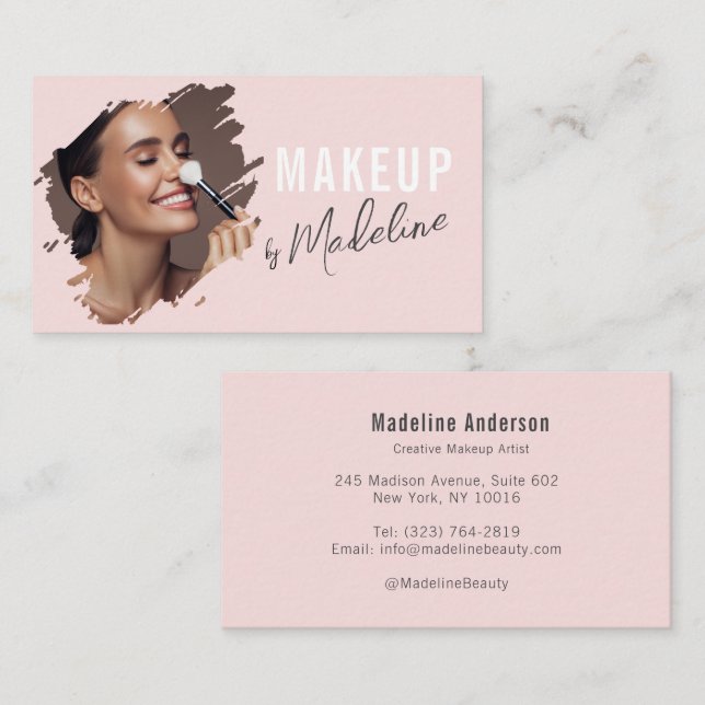 Blush Pink Black Script Photo Makeup Business Card (Front/Back)