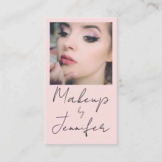 Blush Pink Black Script Photo Makeup Business Card (Front)
