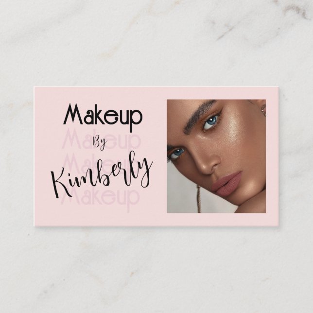 Blush Pink Black Script Photo Makeup Business Card (Front)