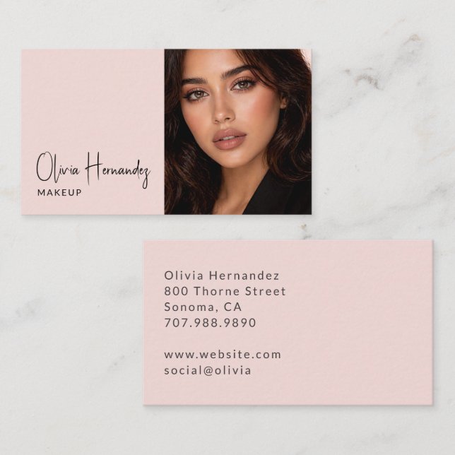 Blush Pink Black Script Photo Makeup Business Card (Front/Back)