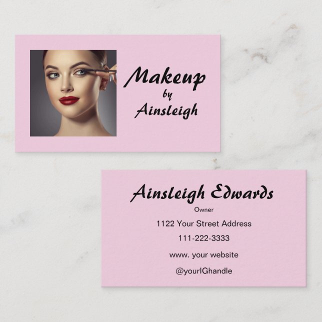 Blush Pink Black Script Photo Makeup Business Card (Front/Back)