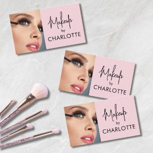 Blush Pink Black Script Photo Makeup Business Card