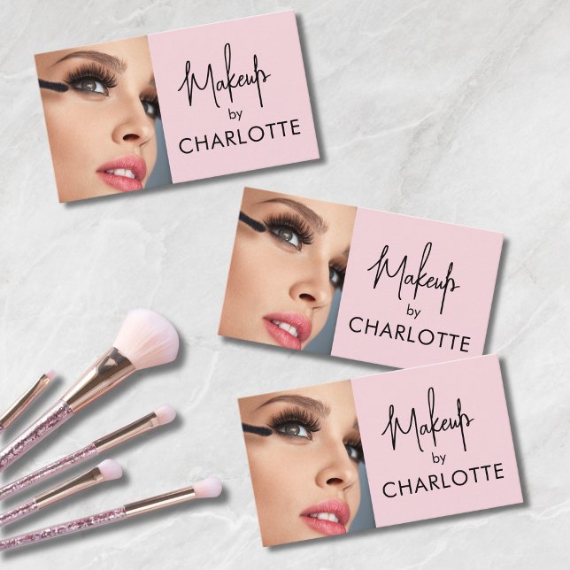 Blush Pink Black Script Photo Makeup Business Card (Creator Uploaded)