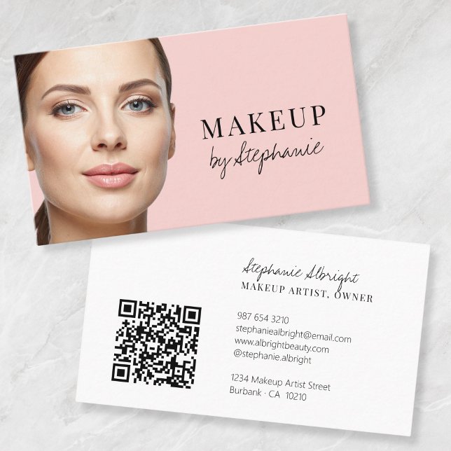 Blush Pink Black Script Photo Makeup Business Card (Creator Uploaded)