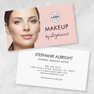 Blush Pink Black Script Photo Makeup Business Card