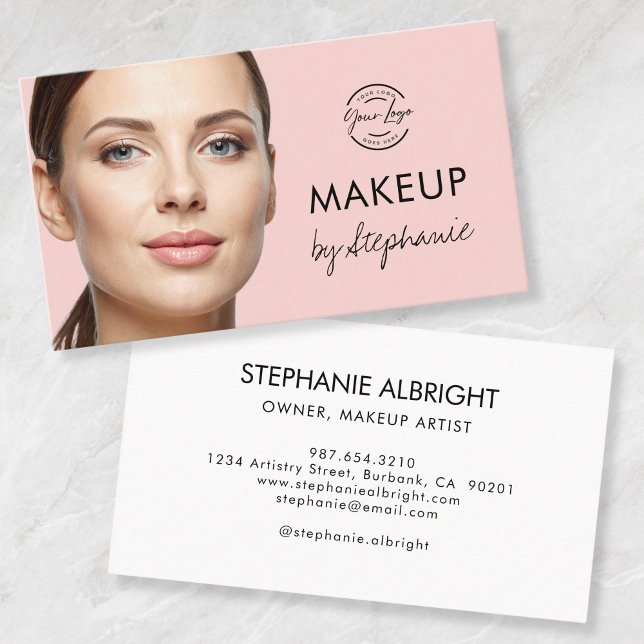 Blush Pink Black Script Photo Makeup Business Card (Creator Uploaded)