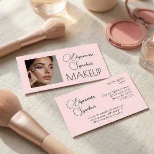 Blush Pink Black Script Photo Makeup  Business Card