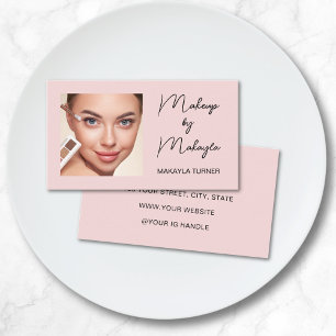 Blush Pink Black Script Photo Makeup Business Card