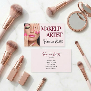 Blush Pink Black Script Photo Makeup Business Card