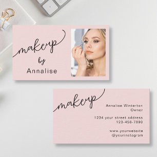 Blush Pink Black Script Photo Makeup Business Card
