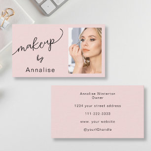 Blush Pink Black Script Photo Makeup Business Card