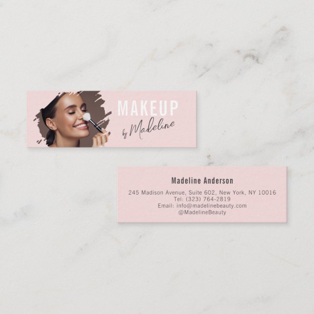 Blush Pink Black Script Photo Makeup Mini Business Card (Front/Back)