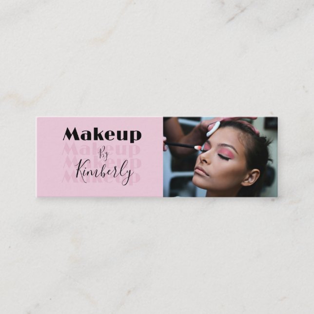 Blush Pink Black Script Photo Makeup Mini Business Card (Front)