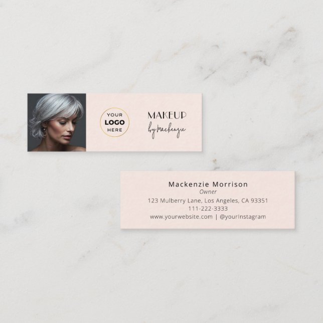 Blush Pink Black Script Photo Makeup Mini Business Card (Front/Back)