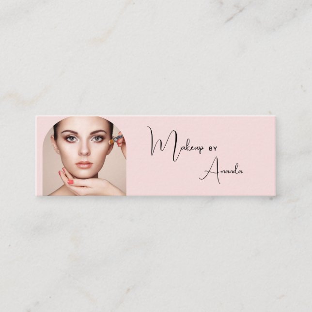 Blush Pink Black Script Photo Makeup  Mini Business Card (Front)