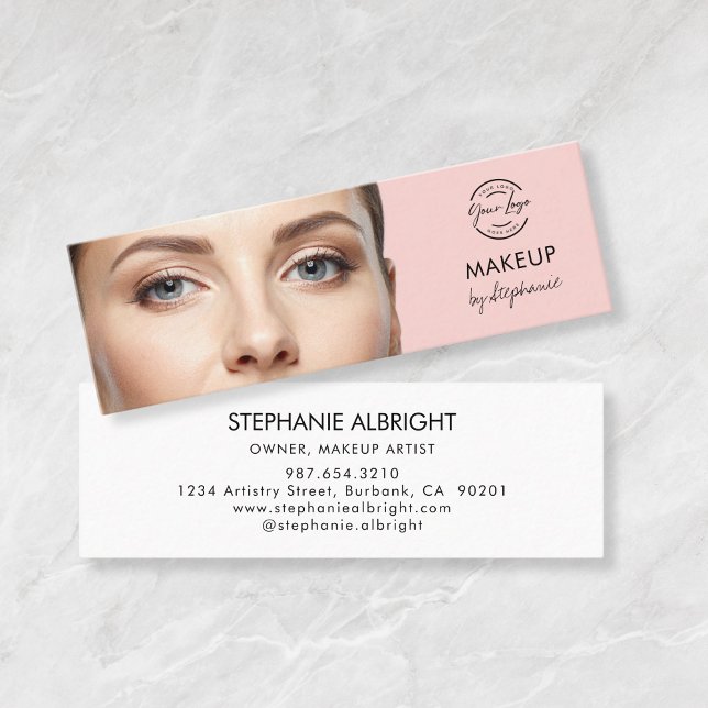 Blush Pink Black Script Photo Makeup Mini Business Card (Creator Uploaded)