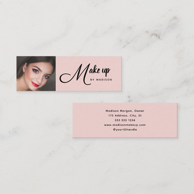 Blush Pink Black Script Photo Makeup Mini Business Card (Creator Uploaded)