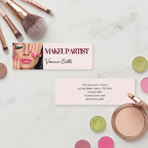 Blush Pink Black Script Photo Makeup Mini Business Card