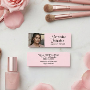 Blush Pink Black Script Photo Makeup MIni Business Card