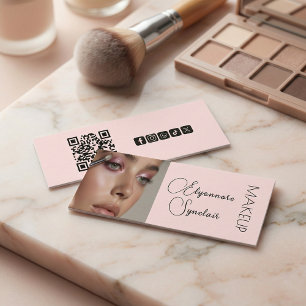 Blush Pink Black Script Photo Makeup QR Social Mini Business Card