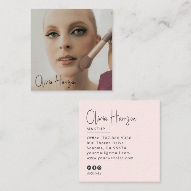 Blush Pink Black Script Photo Makeup Square Business Card (Front/Back)