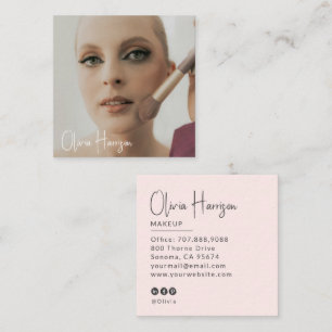 Blush Pink Black Script Photo Makeup Square Business Card