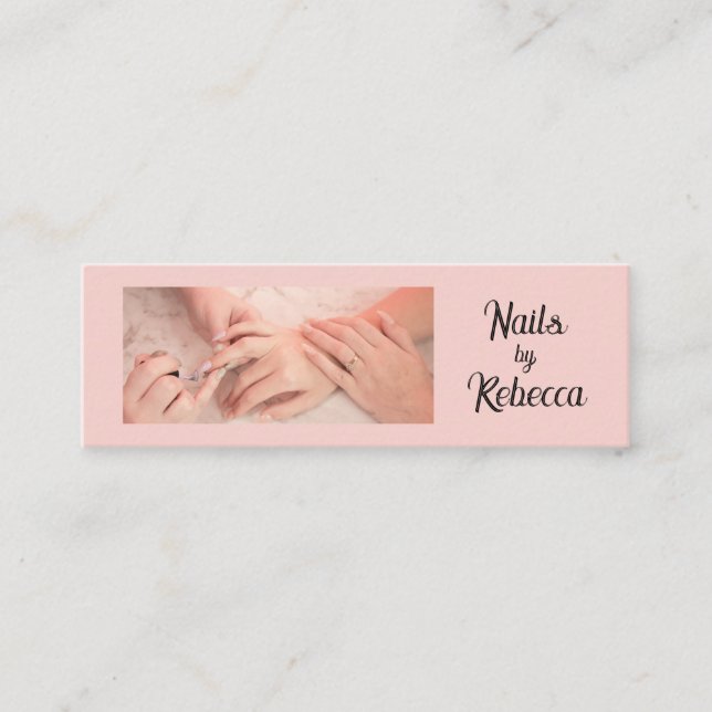 Blush Pink Black Script Photo Nail Manicure Mini Business Card (Front)