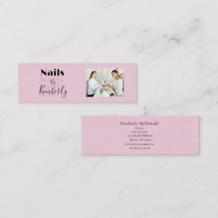 Blush Pink Black Script Photo Nail Salon Mini Business Card