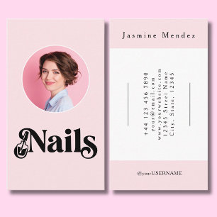 Blush Pink Black Script Photo Nail Tech Business Card