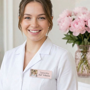 Blush Pink Black Script Photo Nail Tech Name Tag