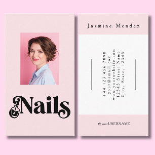 Blush Pink Black Script Photo Nail Technician Business Card