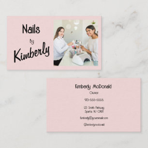 Blush Pink Black Script Photo Nails Business Card