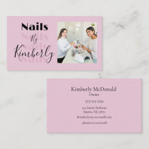 Blush Pink Black Script Photo Nails Business Card