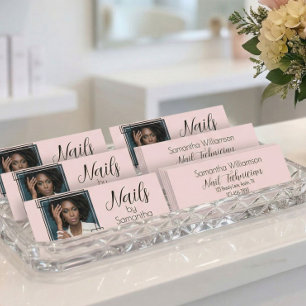 Blush Pink Black Script Photo Nails Business Mini Card