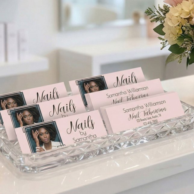 Blush Pink Black Script Photo Nails Business Mini Card (Creator Uploaded)