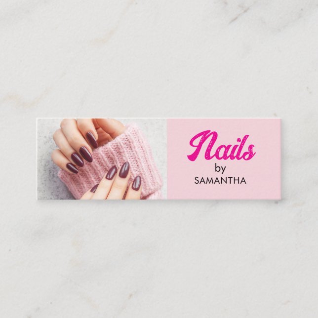 Blush Pink Black Script Photo Nails Mini  Business Card (Front)