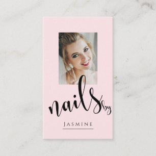 Blush Pink Black Script Photo Nails Specialist Business Card