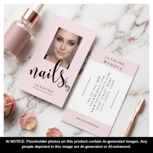 Blush Pink Black Script Photo Nails Specialist Business Card