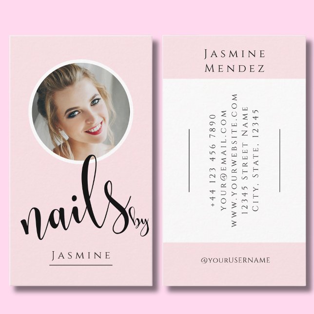 Blush Pink Black Script Photo Nails Specialist Business Card (Creator Uploaded)