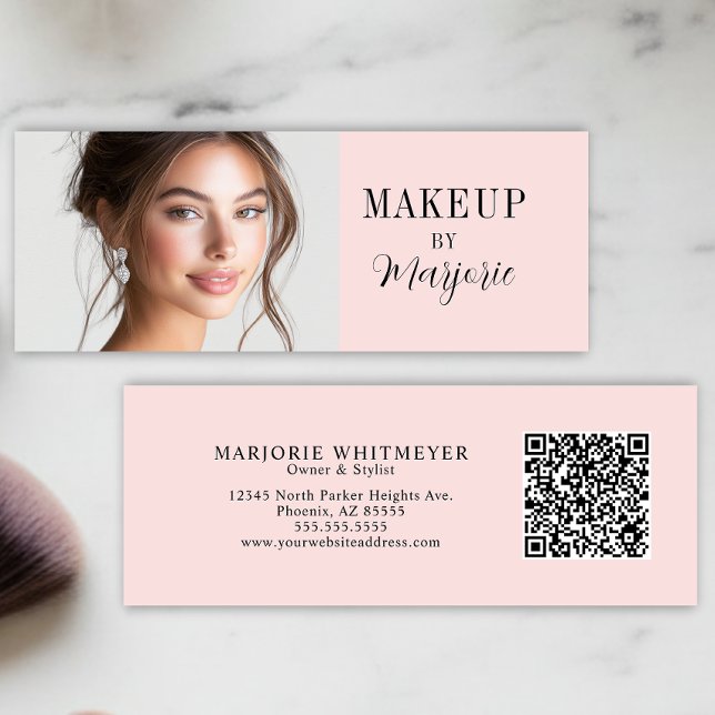 Blush Pink Black Script Photo QR Code Makeup Mini Business Card (modern black blush pink script photo qr code makeup mini business card elegant)