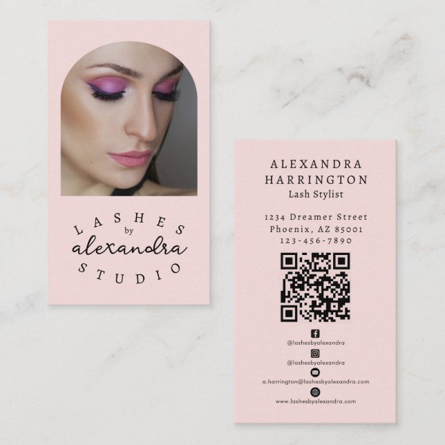 Blush Pink Black Script Photo Qr Code Social Icon Business Card (Front/Back)