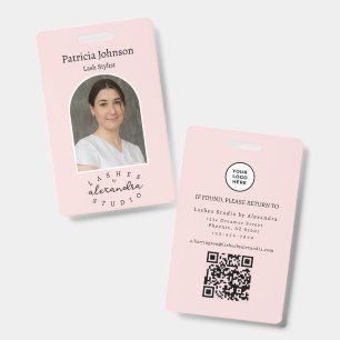Blush Pink Black Script Photo QR Lashes Staff ID Badge