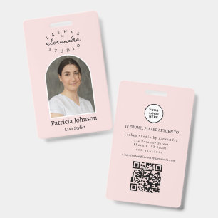 Blush Pink Black Script Photo QR Lashes Staff ID Badge