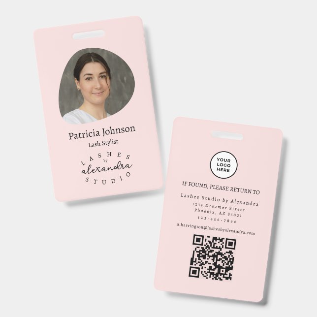 Blush Pink Black Script Photo QR Lashes Staff ID Badge (Front & Back)